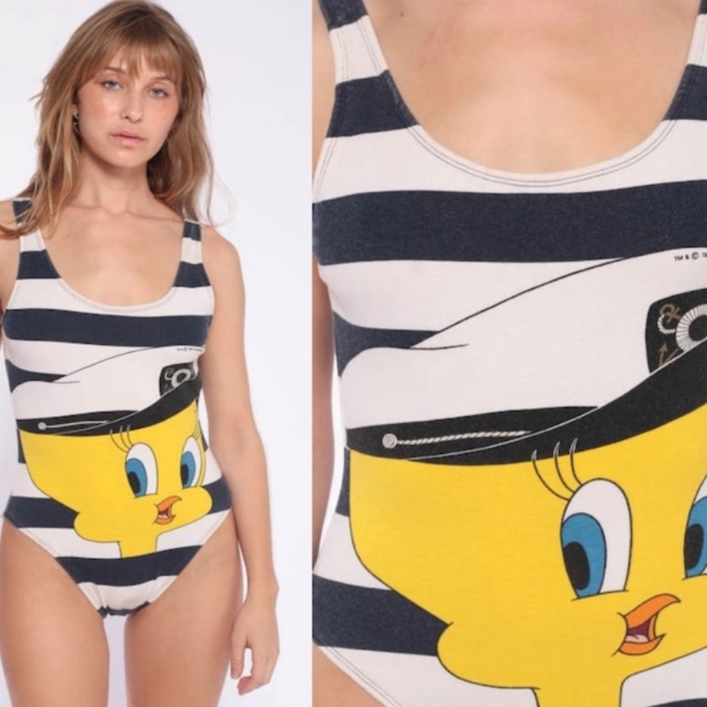 NWT Vintage Y2K 90s Looney Tunes Tweety Bird Swimsuit Bathing Suit Stripes